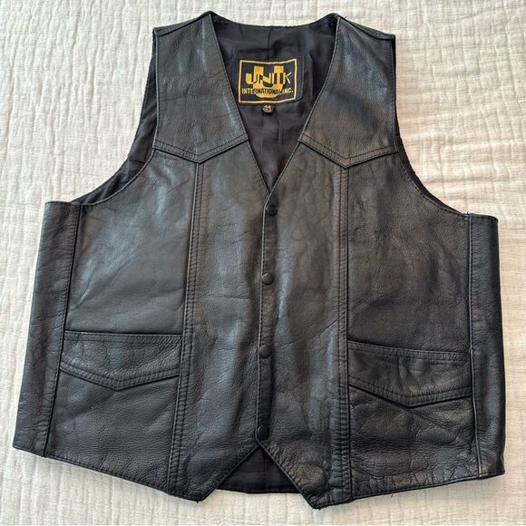 Unik Heavy Leather Vest Mens Size 44 Black Biker Motorcycle, 2 Inner Pockets - Picture 1 of 7
